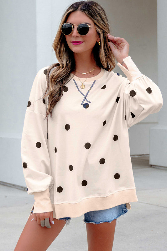Beige Loose-fit Long Sleeve Round Neck Polka Dot Tunic Sweatshirt