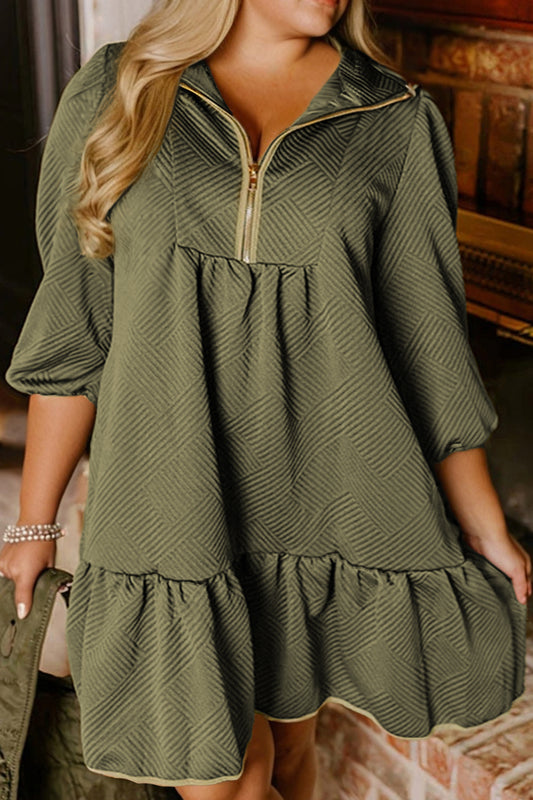 Jungle Green Plus Size Textured Contrast Trim Quarter Zip Bracelet Sleeve Mini Dress