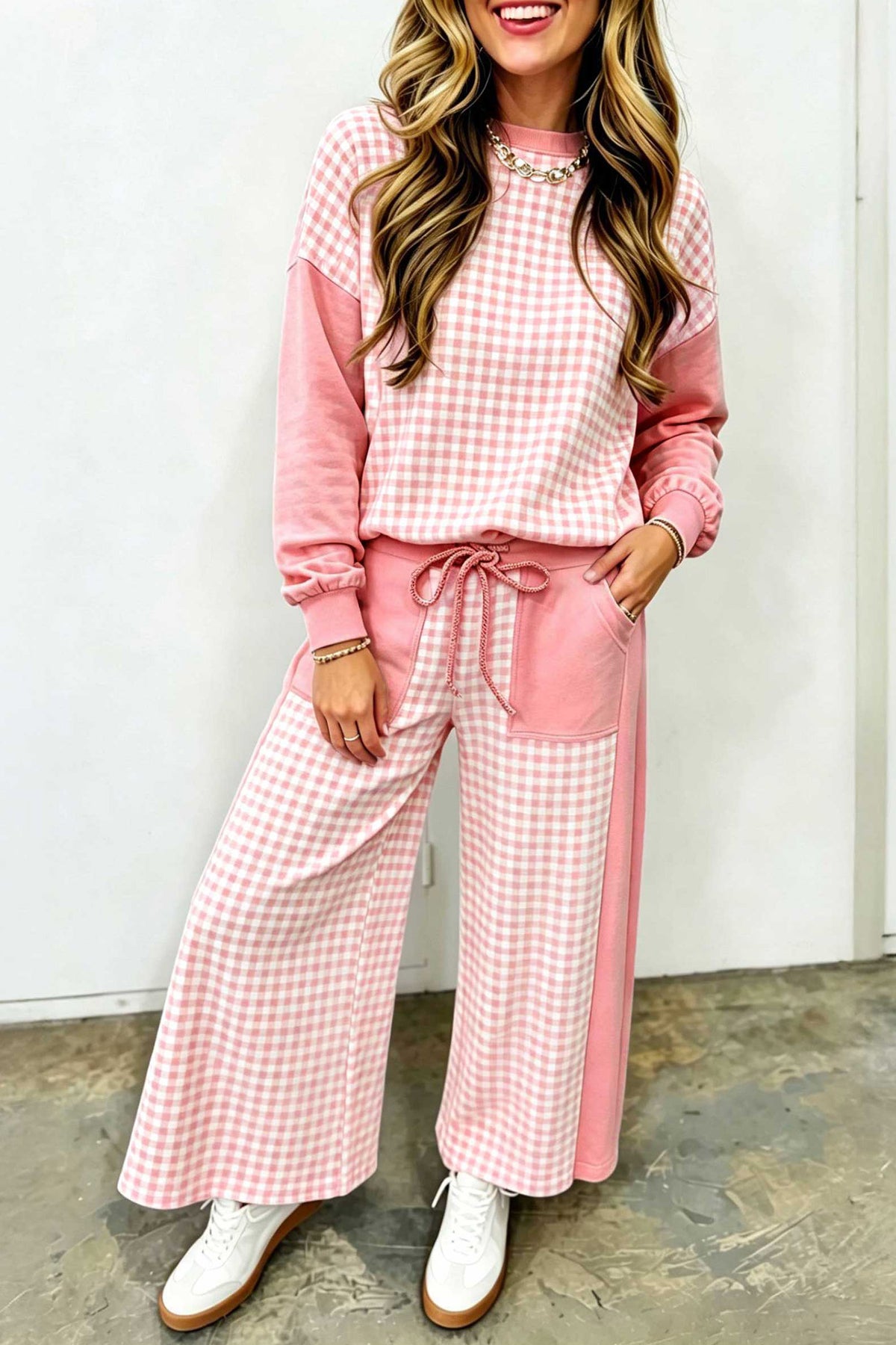 Khaki Color Block Plaid Patchwork Long Sleeve Pullover Wide Leg Pant Set