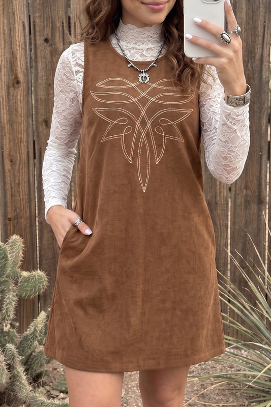 Coffee Geometric Embroidery Sleeveless Corduroy Shift Dress