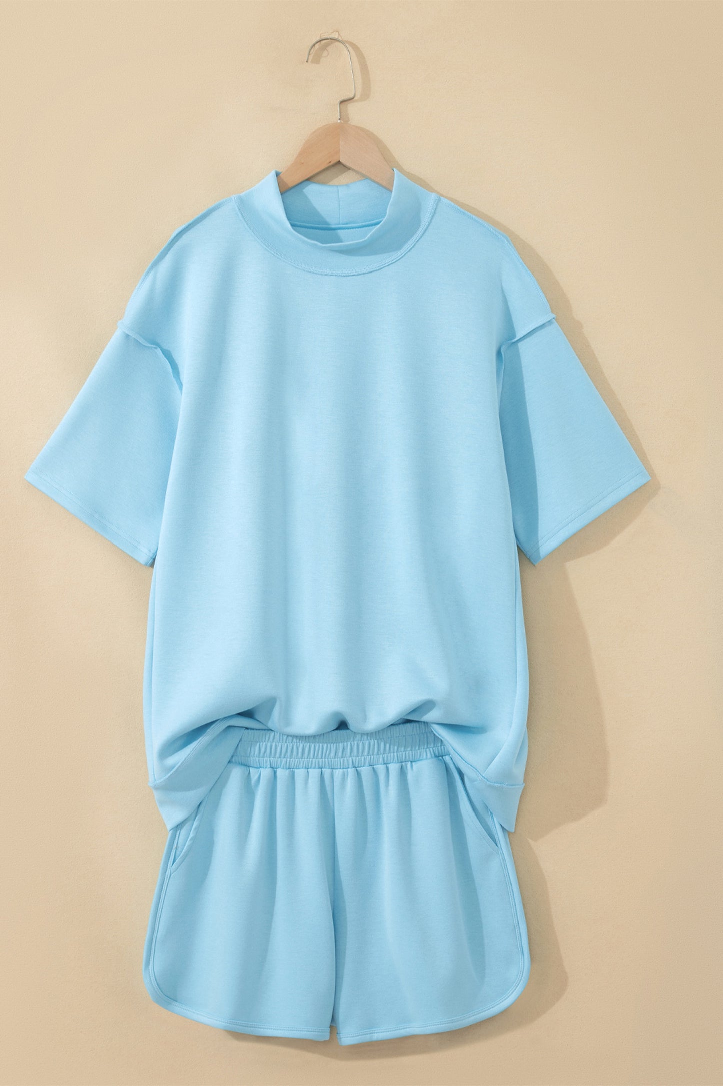 Yellow Cream Solid Color Exposed Seam Mock Neck Oversize Tee Casual Shorts 2pcs Outfit
