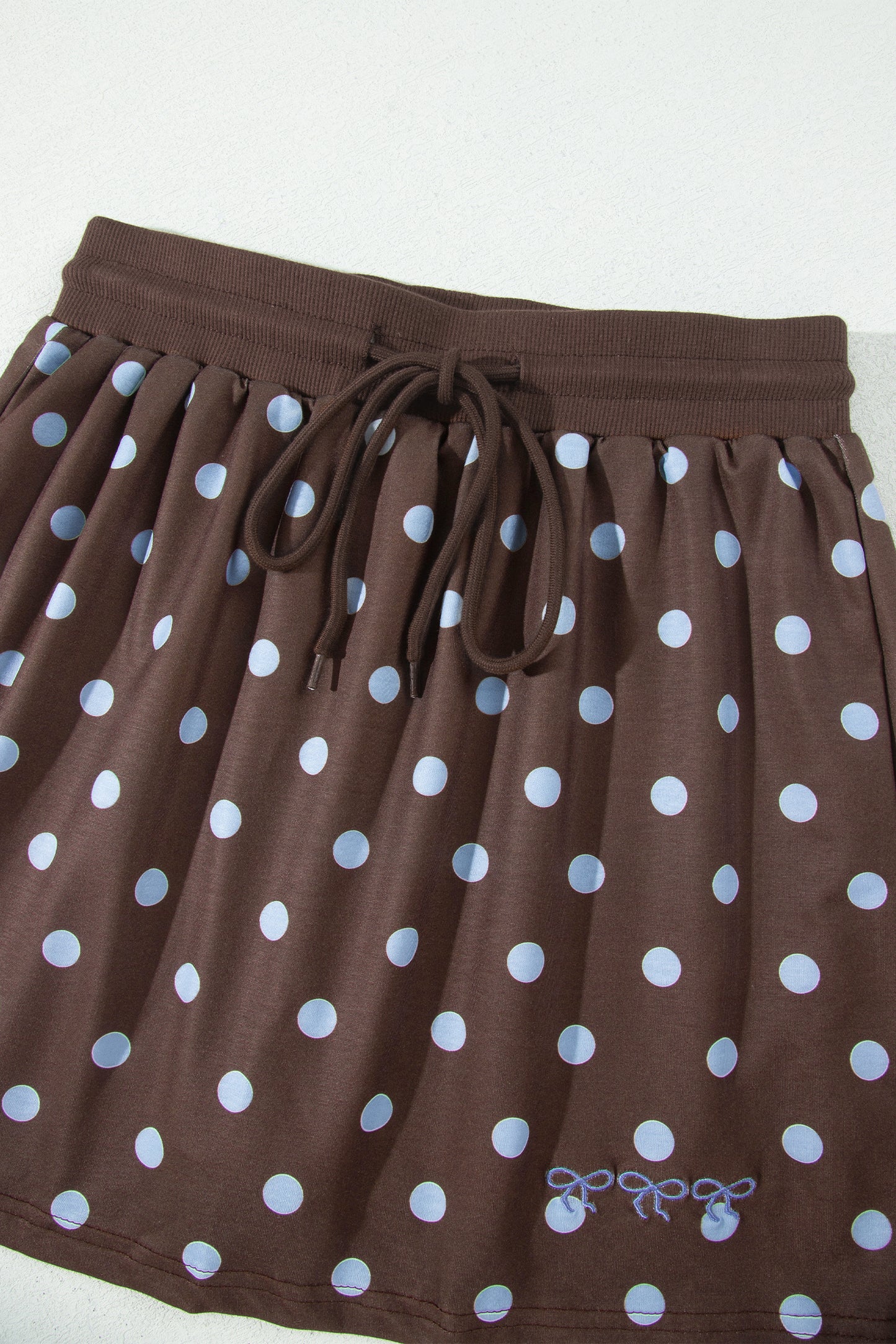 Brown Polka Dot Long Sleeve Pullover Embroidered Bow Detail 2pcs Skort Set