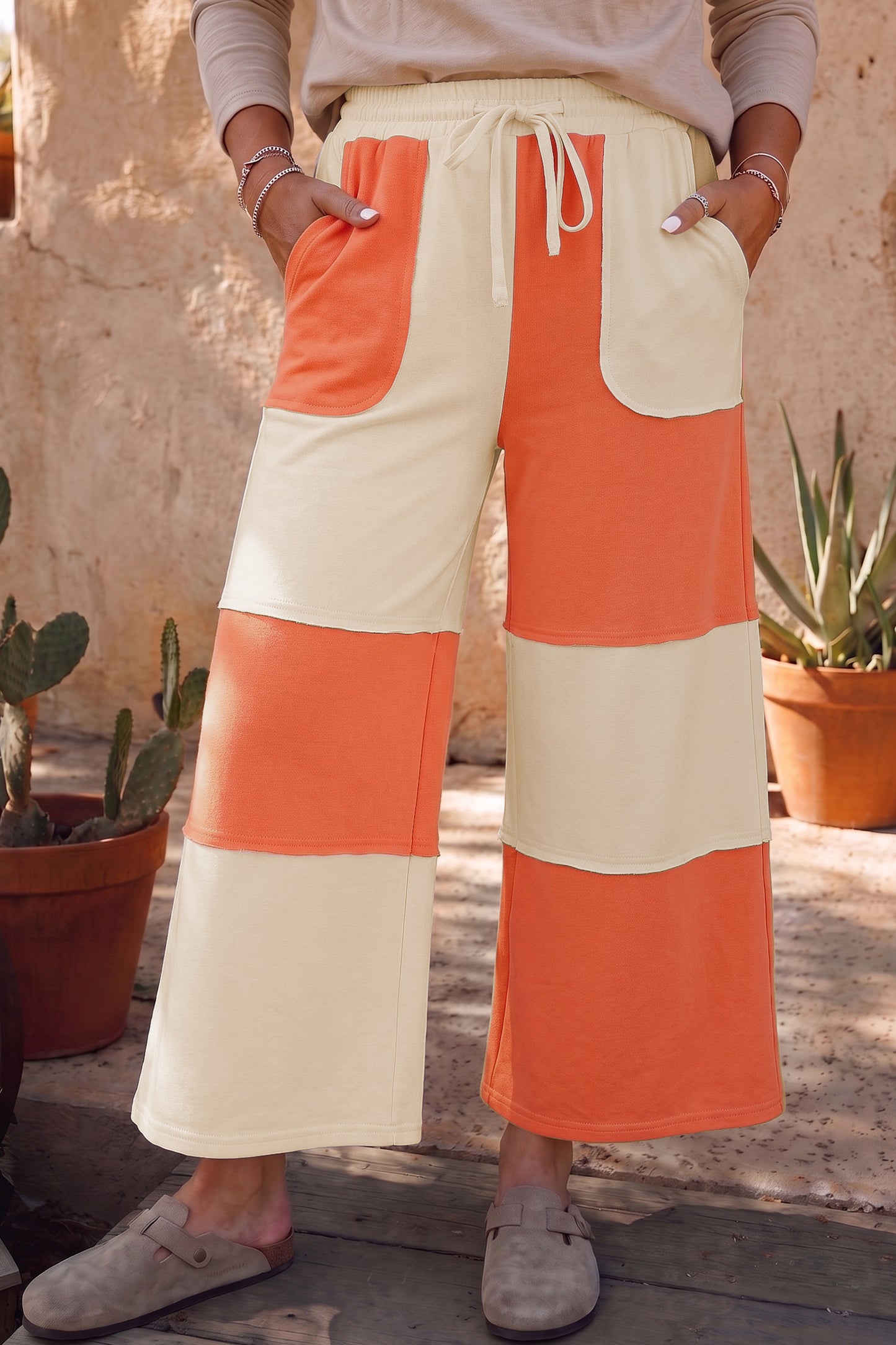 Fiery Red Raw Seam Colorblock Wide Leg Ankle Length Casual Pants